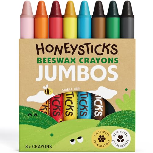 Honeysticks Jumbo Crayons (8 Pack) - Non Toxic Crayons - 100% Pure Beeswax and Food Grade Colors - 8 Bright Colors - Large Easy to Hold and Use - Preschool Art Supplies for Toddlers/Kids 3-5 4-8