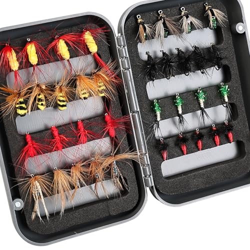 Image of Fly Fishing Flies Assortment Kit, Hand-Tied Dry Wet Fishing Lures, Nymphs, Streamers, Terrestrials for Trout Bass Sunfish, Pike with Magnetic Fly Box