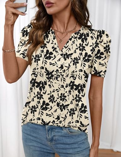 Image of LOMON Spring Summer Tops for Women 2026 V Neck Puff Short Sleeve Tops Fashion Trendy Work Blouses Dressy Casual S-XXL