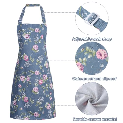 FANTESI 2 Pack Floral Aprons for Women Adjustable Canvas Aprons with 2 Big Pockets for Cooking Baking Gardening Housework - Image 3