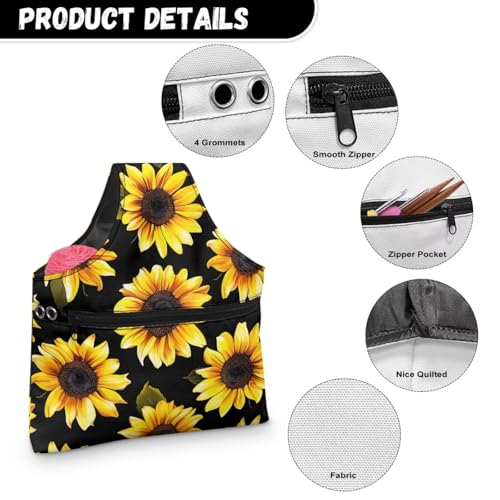 Image of KUIFORTI Sunflower Yarn Bag Holder Knitting Accessories Black Crochet Bag Organizer Tote Yarn Bags for Crocheting on The Go, Large Size