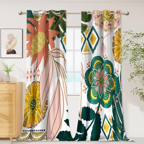 Image of Tyrot Boho Floral Grommet Blackout Curtains, 52W x 108L, 2 Panels
