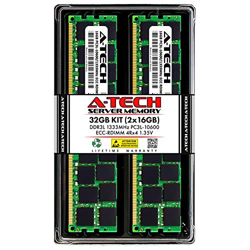 A-Tech 32GB Kit (2x16GB) DDR3/DDR3L 1333MHz PC3L-10600R ECC RDIMM 4Rx4 Quad Rank 1.35V Registered DIMM 240-Pin Server RAM Memory Upgrade Modules (A-Tech Enterprise Series)