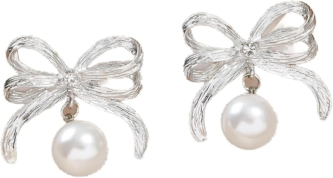 18K Gold Bow Earrings for Women, Elegant Pearl Accent Stud Earrings, Versatile and Stylish Jewelry for Everyday or Special OccasionsSilver