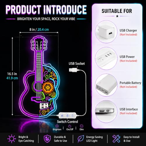 Image of Sugar Skull Guitar Neon Sign, Day of the Dead Inspired LED Neon Light, USB Powered Dimmable Music Wall Decor for Home Bar, Music Room, Bedroom, Halloween Party, Gifts for Guitar Players