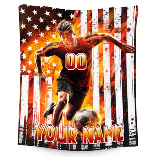 Soccer Blanket for Boys, Personalized Kids Throw Blankets, Custom Soccer Gifts for Son, Warm Flannel Sports Theme Throw for Couch & Sofa, 40"x50"