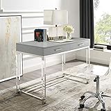 Casandra High Gloss 2 Drawers Writing Desk with Acrylic Legs and Chrome Stainless Steel Base, Light Grey/Chrome