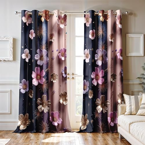 Image of Ultimate Trends Room Darkening Digital Printed 3D Prints Curtain 65-70% Opacity,Diamond Eyelets, Tie Back, Floral Decorated, 5 FEET Pack of 2,Midnight Blue