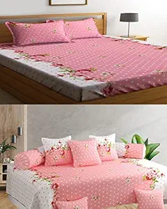 IVAZA 180 TC Cotton Feel Ezyption Cotton Combo of 6 Pcs Diwan Set Covers and 1 Double Bed Bedsheet with 2 Pillow Covers Pink