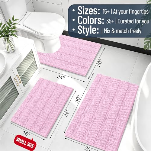 Image of Smiry Thick Chenille Bathroom Rugs 30x20, Extra Soft Absorbent Striped Bath Mat, Machine Washable, Rubber Backing, Bath Rugs for Bathroom, Tub & Shower, Modern Home Decor Accessories, Pink
