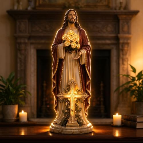 Resin Jesus Statue & USB Rose Led Lights, Religious Figurine Jesus Decor - image 5