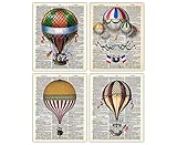 Vintage Hot Air Balloons Dictionary Wall Art Prints: Set of 4 (8x10) Unframed Pictures For Home, Office & Bedroom Decor - Great Gift Idea Under $20 for Steampunk & Airships Enthusiasts
