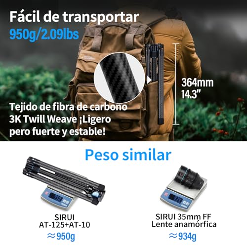 Miniatura 6 de Sirui Carbono Trípode Para Cámara Traveler X, 152cm Trípode De Viaje Ligero Con Vídeo Panorámico De Cabezal Fluido At-10, Trípode De Cámara Réflex Para Videocámara, Dslr, Carga Máxima 5kg