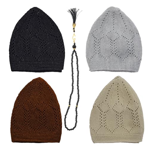 FIRASET Muslim Kufi Hats for Men 4 Pcs Velvet Crochet Islamic Prayer Cap Stretchable & Breathable Knit Skull Beanie Taqiyah Takke Peci Ramadan Eid Islamic Gifts Standard Size