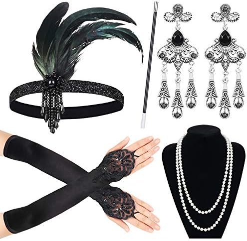 sinoeem 1920s gatsby accessories set Headband Necklace Gloves Cigarette Holder Flapper Costume Accessories Set for Women