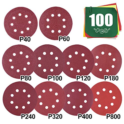 Dischi Abrasivi 125 mm, 100 pezzi Carta Abrasiva gancio e anello assortiti 40 60 80 100 120 180 240 320 400 800 grana, disco levigatrice orbitale per legno metallo vetro auto lucidatura fine