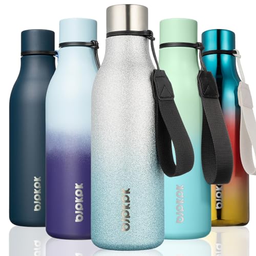 Image of BJPKPK Insulated Water Bottles, 18 oz Stainless Steel Metal Water Bottle with Strap, BPA Free Leak Proof Jugs,Mugs,Flasks, Reusable Thermal Flasks for Sports & Travel, Sparkling Silver Blue