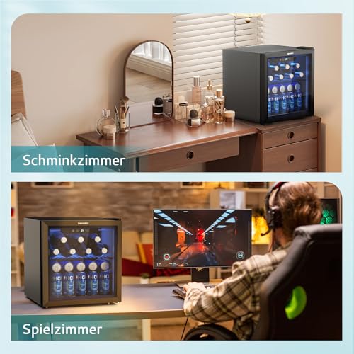EUHOMY Getränkekühlschrank, Mini Kühlschrank mit Glastür, Bierkühler, Tisch-Getränkekühlschrank für 55 Dosen, Schwarz Freistehender Kühlschrank mit LED, 43dB, für Büro, Zimmer, Bar, 36L, Geräuscharm