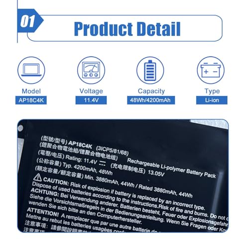 Image of AP18C4K 11.4V 48Wh /4200mAh Laptop Battery Compatible with Acer Aspire 3 A315-42 A315-54 Aspire 5 A514-52 A515-43 A515-44G A515-52K A515-54 Swift S40-51 SF314-41 SF314-57 Series Notebook