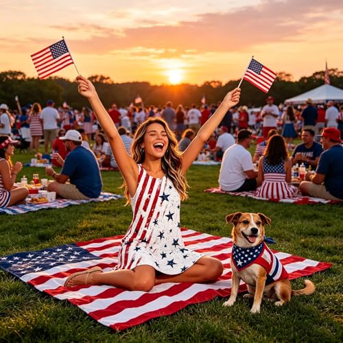Image of Roshop Womens Juneteenth Flag Sleeveless Dress 4th of July Patriotic Swing Sundress with Pockets
