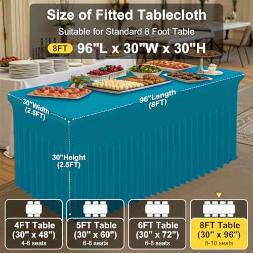 Image of Smiry Spandex Elastic Fitted Table Cloth Skirt for 8FT Rectangle Table | Stretch Washable Table Cloth, Banquet Table Cover for Wedding, Party, Indoor & Trade Shows, (Turquoise, 96Lx30Wx30H)