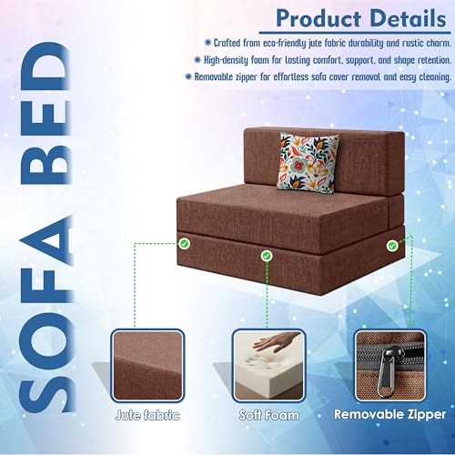 Image of Los Angeles Foldable One Seater Sofa Cum Bed, Sofa Bed 3 X 6 Feet Jute Fabric Washable Cover- Including Cushion Perfect for Living Room - Brown Color