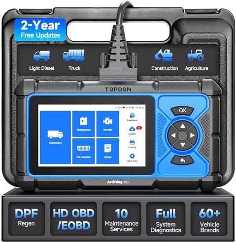 TOPDON ArtiDiag HD Heavy Duty Truck Scanner, Diesel Diagnostic Tool with Full-System Coverage, 10 Services, HD OBD/EOBD, for Cummins, Detroit, MaxxForce, 2-Year Free Updates