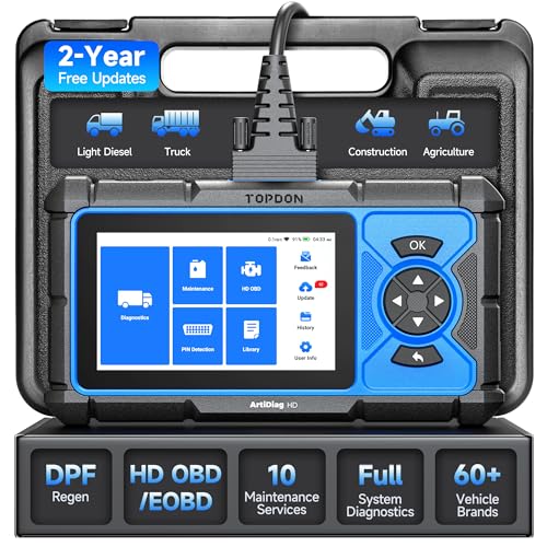 TOPDON ArtiDiag HD Heavy Duty Truck Scanner Diesel Diagnostic Tool Full System Truck Scanner for Cummins Detroit MaxxForce 10 Reset Service DPF Regen Speed Limit Adjust Reset 2 Years Free Update