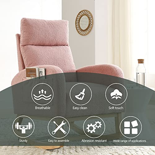 Fabric Rocking Chair Nursery Chair,Modern Upholstered High Back Glider Rocking Armchair,Comfy Rocker With Padded Seat And Wood Base,Two Side Pocket Accent Chair For Living Room Bedroom Office,Pink #TOP6