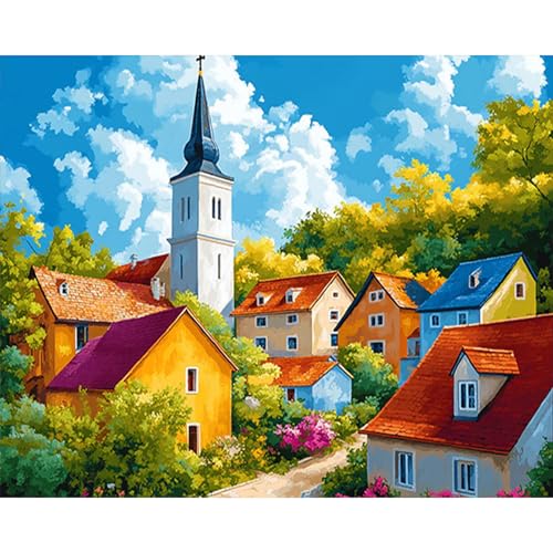 RICUVED Casas Pintura por Números para Principiantes -paisajes Kit de Pintura por Números con Lienzo 30x40 cm, 3 Pinceles, Pinturas Acrílicas y Gancho Metálico - Completo para Adultos