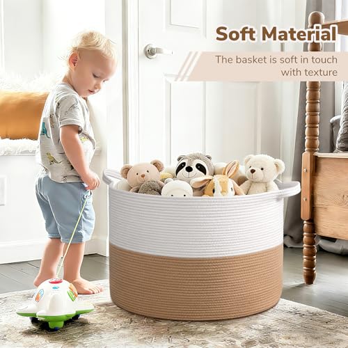 Image of INDRESSME 115L Extra Large Jute Rope Basket, Blanket Basket Home Decor Baby Laundry Baskets for Toys Storage Bedroom, Living Room, Nursery, Boho Hamper for Colthes Towel, White & Camel