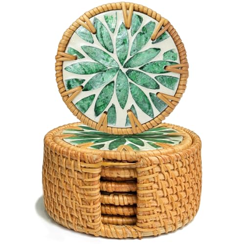 LAHIENCRAFT Set of 6PCS Boho Coaster Set with Holder Rattan & Mother of Pearl Drink Coasters for Coffee Table Heat Resistant Cup Mats Boho Home Decor Non-Slip Coasters (Botanical Green)