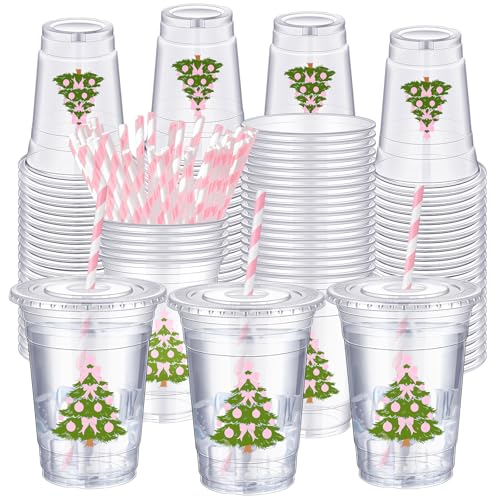 Sliner 50 Pcs Pink Bow Christmas Tree Plastic Cups with Straws and Lids