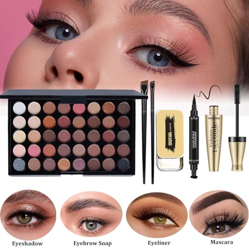All in One Make Up Set - Schminke Set für Frauen - 40 Farben Lidschatten Palette, Mascara, Foundation & Face Primer, Eyeliner Stempel, Lip Gloss Set, Augenbrauen Seife, Makeup Schwamm Pinsel Set – Bild 4
