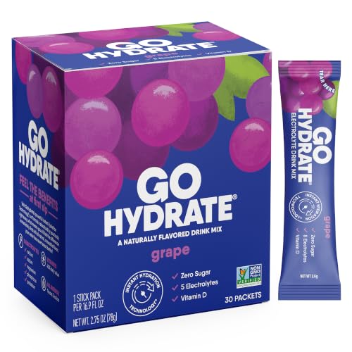 Image of GoHydrate Instant Hydration Powder Packets - Low Sodium Electrolytes Drink Mix - Natural Hydration Support, Sugar Free Electrolyte Flavored Powder Drink with Vitamin D, 30 Packs, Grape