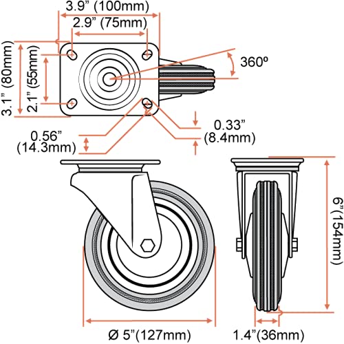 4 Pack 5" Swivel Caster Wheels Rubber Base With Top Plate & Bearing Heavy Duty #TOP1