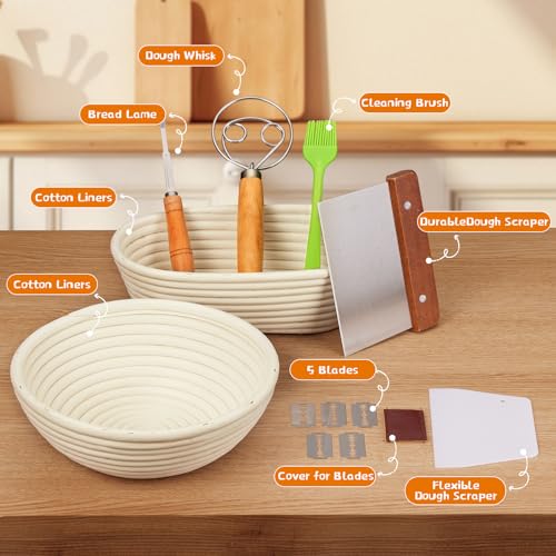Image of Dimpola Banneton Bread Proofing Basket - Banneton Basket Set Sourdough Proofing Basket Round Proofing Bowls Handmade Rattan Baskets and Liners (Oval & Round Gift Set)