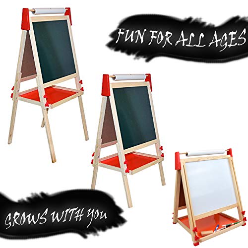 Deluxe Standing Art Easel - Dry-Erase Board, Chalkboard, Paper Roller,Magnetic Whiteboard, Includes Paper Roll, and Accessories,The Ultimate All-in-One Wooden Kid's Art Easel, Young Artist Easel