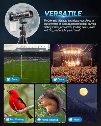 Image of 20-60X Zoom Telephoto Lens, Evil Eye High Power HD Telephoto Phone Lens with Tripod and Universal Phone Clip for iPhone 16 /15 /14 /13 Series, Samsung, Android Phone and Most Smartphone