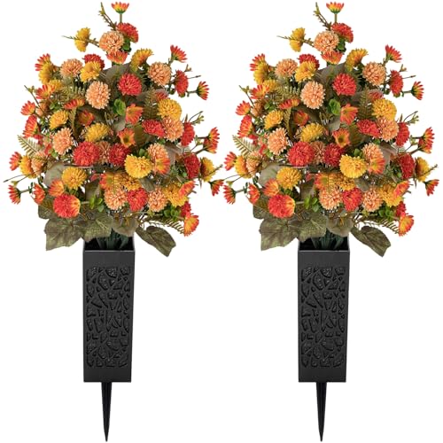 Memobloom Artificial Cemetery Flowers for Grave: 2 Pcs Fake Fall Flowers for Cemetery Orange Mums Bouquets with Vases - Outdoor Grave Decorations