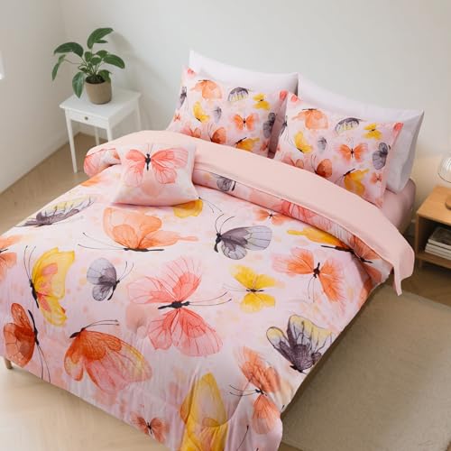 Image of A Nice Night 6pcs Bed in A Bag Watercolor Ink Wash Tie-Dye Butterfly Printed, Butterflies Bedding Comforter Set, Orange Full