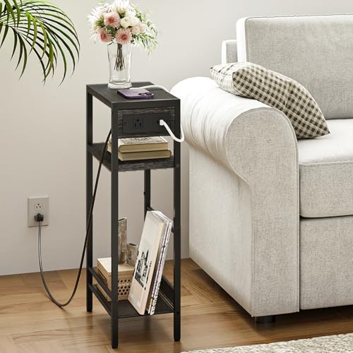 Image of HOOBRO Small Narrow Side Table with Charging Station, Skinny End Table for Small Spaces, Slim Nightstand with USB Ports Outlet, Sofa Beside Table with Storage Shelf, Charcoal Black BC102UBZ01