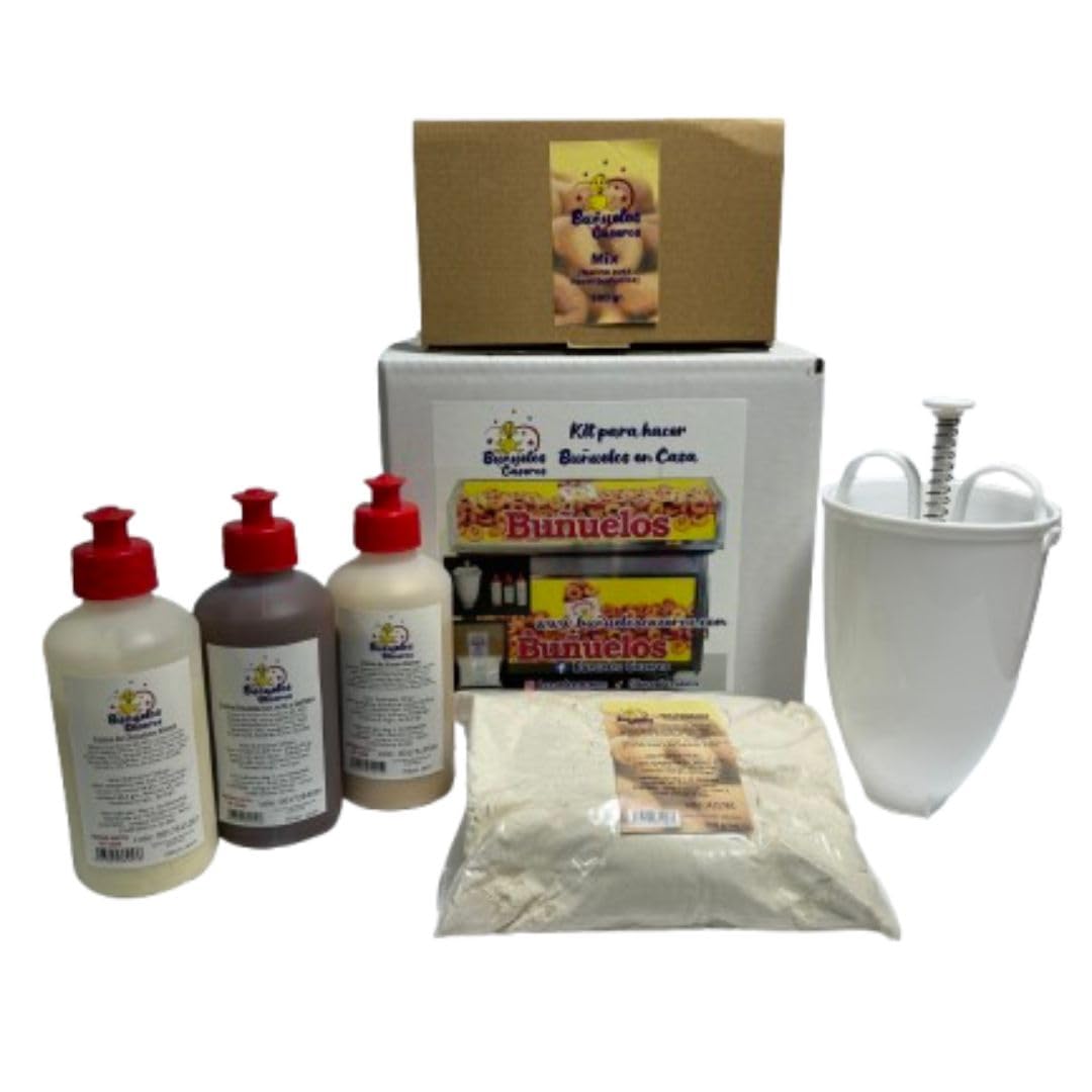 Pack BUÑUELOS CASEROS - Kit BUÑUELO Completo con Mezcla en Polvo para BUÑUELOS, Maquina DE BUÑUELOS y 3 CREMAS - Preparado DE REPOSTERIA Ideal para Todos