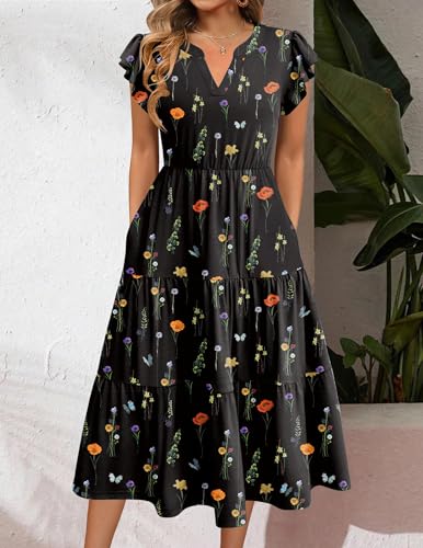 Image of ZEAGOO Womens Summer Casual Dresses Ruffle Sleeve V Neck Midi Dress Flowy Tiered Dress with Pockets Boho Sundresses