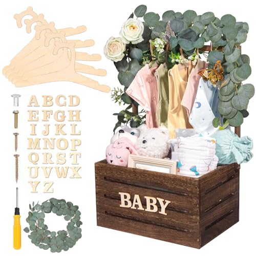 Image of Wooden Baby Shower Crate Closet, Baby Baskets Custom Baby Gifts for Boys and Girls with Baby Hangers, Personalized Basket for Pregnancy New Parent