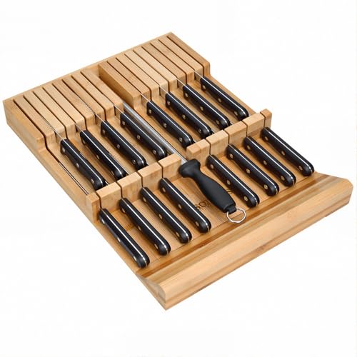 Csoravist 18PCS Bamboo In-Drawer Knife Block Organizer Set with Steak & Paring Knives, Includes Sharpening Steel, Large 16-Slot Holder for Handled Knives