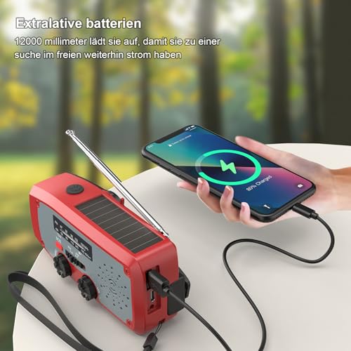 Dolucky Notfall-Solarradio, kurbelradio Notfall weltempfänger testsiege mit LED-Taschenlampe, SOS-Alarm,AM/FM Wetter Wind Up Solar Radio mit 2000mAh Akku für Notladung von Smartphone-Rote