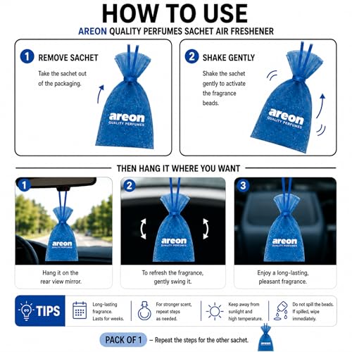 Image of AREON Pearls Lux Verano Azul Car & Home Air Freshener - Premium Quality Perfume Fragrance - Long Lasting Odor Eliminator - Seashore Fresh Scent - Hanging Freshener - (Pack of 3)
