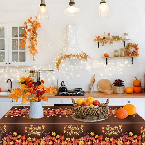Image of Gistome 3 Pack 54 x 108 Inch Fall Maple Leaves Plastic Tablecloth - Rustic Thanksgiving Disposable Table Cover with Autumn Leaves and String Lights for Fall Harvest, Friendsgiving, and Seasonal Decor
