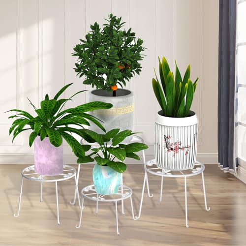 Juego de 4 taburetes de metal para interiores, banco de flores blanco, maceta, salón, balcón, jardín, decoración, soporte para flores exterior, estantería para plantas de hierro, soporte para plantas